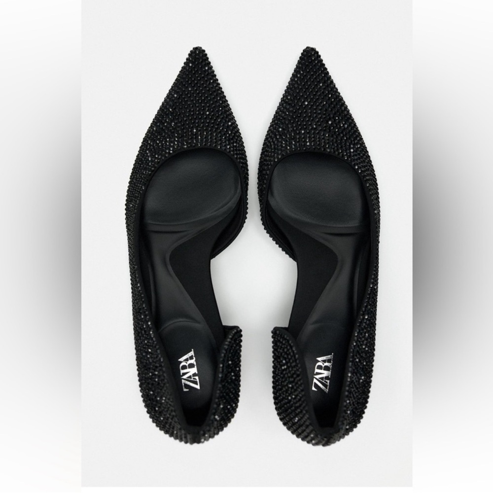 Zara Black Crystal-Stud Pointed Flats Sz 7